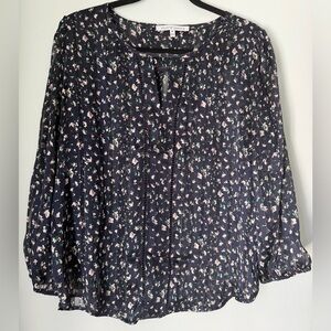 Collective Concepts Navy Floral Peasant Blouse Size M Sheer Metallic